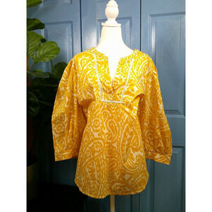St Johns Bay Yellow White Paisley Peasant Top V Neck Women' Size 2X NWT RTL $44